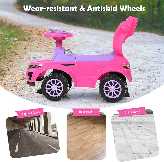 Costzon 3 in 1 Ride on Push Car, Stroller Sliding Walking Car with Horn, Music, Light, Under Seat Storage, Parental Handle, Armrest Guardrails, Ride on Toy for Boys & Girls (Pink)