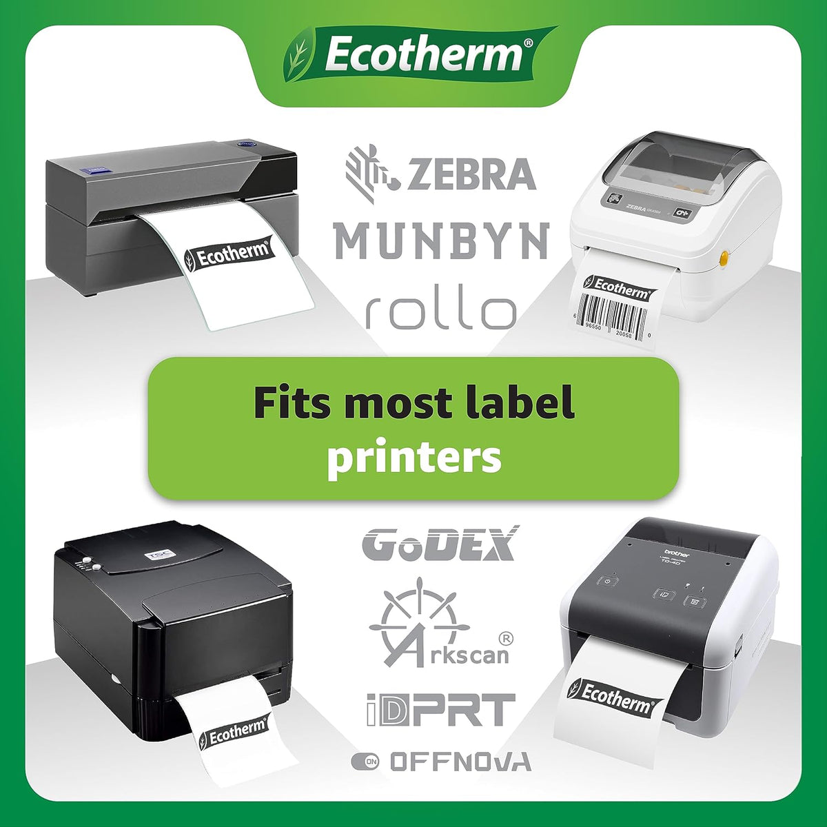 2.25" x 2.5" Thermal Labels | 4 Rolls | 2400 Labels | fits Zebra, Munbyn, Rollo, Godex, Arkscan, iDPRT, Offnova Thermal Label Printers and More | Blank White Adhesive Stickers by Ecotherm