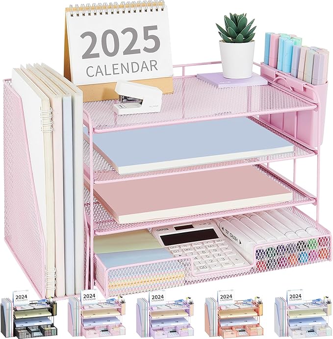 OPNICE Desk Organizer, 4-Tier Desktop File Organizer with Drawer and 2 Pen Holders, Office Desk Accessories, File Sorters, Workspace Organizers for Office Supplies(Pink)