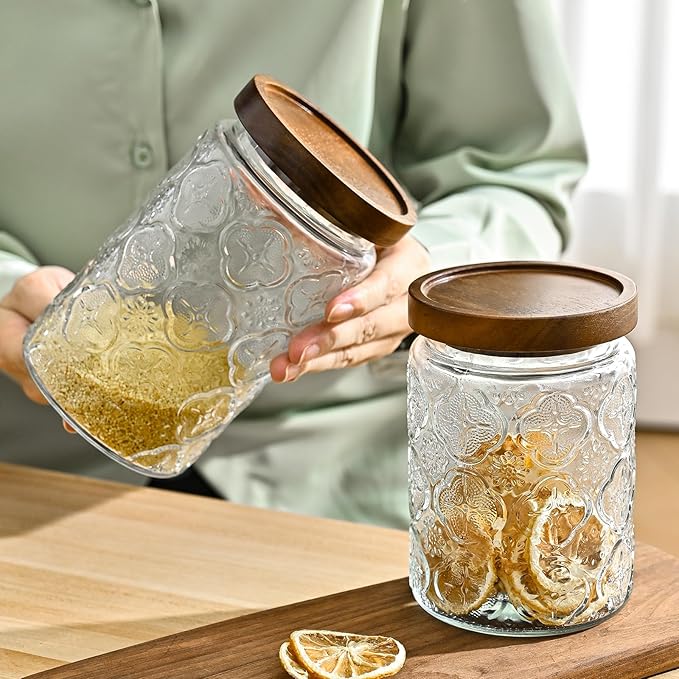 Adodeen 24oz Vintage Glass Canister With Lid Small Glass Jars Wide Mouth Mason Jars Airtight Coffee Canisters Kitchen Storage Containers For Sugar Tea Spice Flour Candy Cookie Cereal Cute Decorative