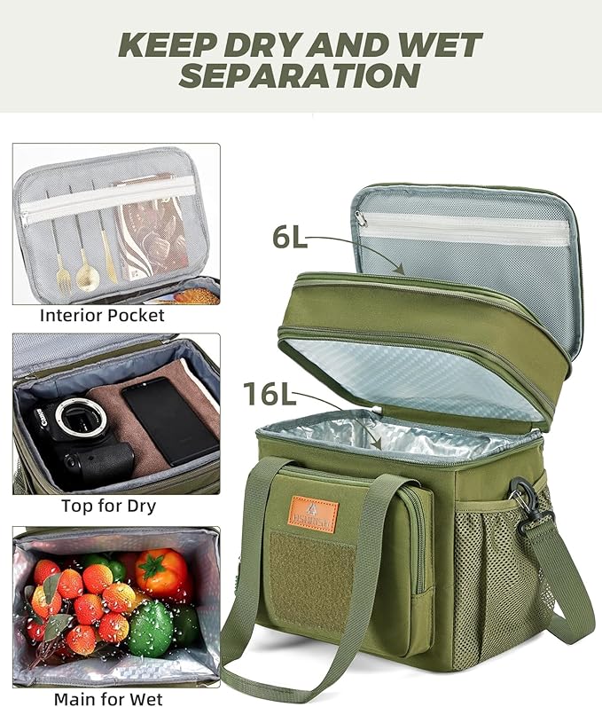 Expandable XLarge Tactical Lunch Box for Adults, Waterproof Insulated Lunch Bag with Lots of Storage Space, Durable Lunch Pail for Men Women Work Outdoor Picnic Trips, 22L(Army Green), HSHRISH