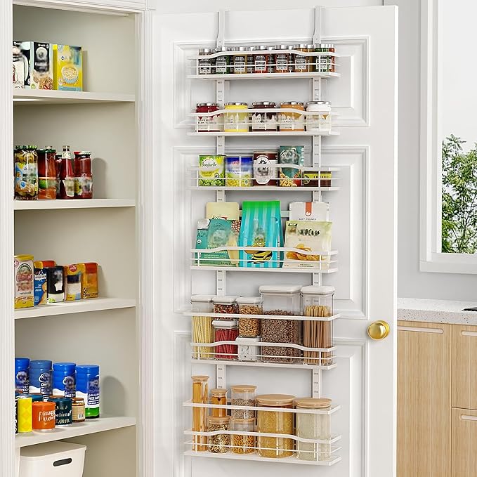Moforoco White 6-Tier Over Door Pantry Organizer, Pantry Organization Storage, Door Metal Hanging Spice Rack Basket Shelves, Home Kitchen Apartment Essentials, Laundry Room Bathroom Organization