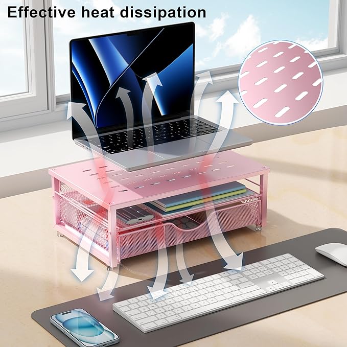gianotter Computer Monitor Stand Riser, office organizer with Drawer, Office Organizers Storage for Classroom Office Supplies (Pink)