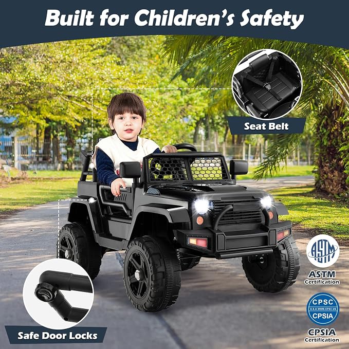 Costzon Ride on Car, 12V Battery Powered Truck Vehicle with Remote Control, Spring Suspension, Headlights, Music, Horn, MP3, USB & Aux Port, Gift for Boys Girls, Electric Car for Kids (Black)