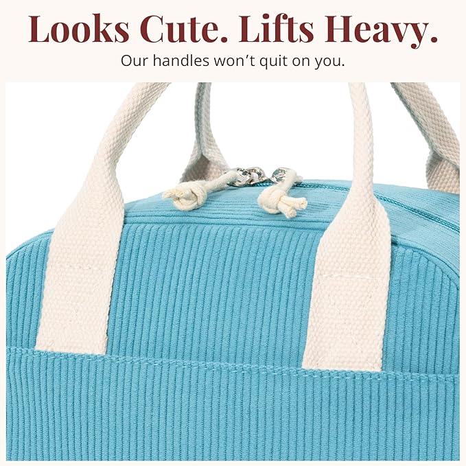 Insulated Lunch Bag for Women Men, Stylish Corduroy Tote Bag with Aluminum Lining, Large Capacity Reusable Cooler for Work, Travel, or Beach, Lake Blue Lunch Box
