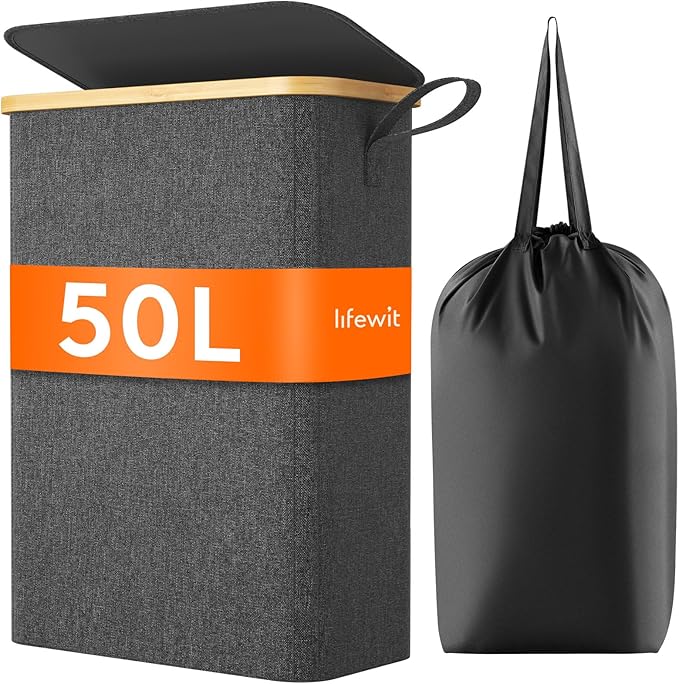 Lifewit 50L Slim Laundry Hamper with Lid, Narrow Laundry Basket with Removable Bag & Bamboo Handles, Fodable Thin Dirty Clothes Hamper for Laundry Collapsible Bin for Bathroom Bedroom Dorm, Dark Gray