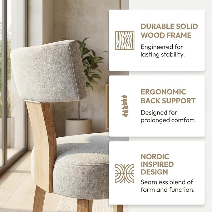 HNY Set of 4 Mid Century Modern Dining Chairs, Farmhouse Linen Fabric Upholstered Accent Chair Curved Backrest Kitchen Chairs, with Hardwood Frame, Grey