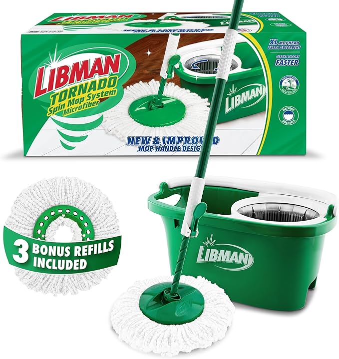 Libman Tornado Spin Mop System with Refill Heads, Microfiber Spinning Mop and Bucket with Wringer Set for Home, Floor Cleaning of Hard-Wood, Laminate, Tile, All Surface Cleaner