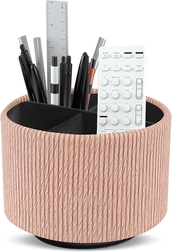 Hennaja Round Leather Art Supply Organizer,Remote Control Holder,360 Degree Spinning,Multi-Functional Pencil Holder,4 Compartments Desktop Stationary Organizer(1-Wood Apricot)