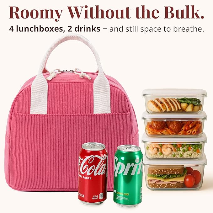 Insulated Lunch Bag for Women Men, Stylish Corduroy Tote Bag with Aluminum Lining, Large Capacity Reusable Cooler for Work, Travel, or Beach, Raspberry Pink Lunch Box