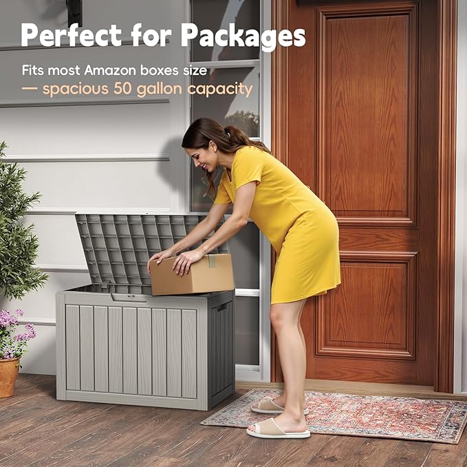Outdoor Storage Box, 50 Gallon Waterproof Resin Deck Box, Storage Bin for Package Delivery, Patio Furniture Cushion, Garden Tools, Pool Accessories, Weatherproof and UV Resistant, Grey