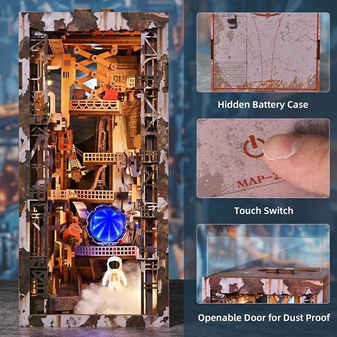 CCCDF DIY Miniature Dollhouse Book Nook Kit - 3D Wooden Puzzle Space Theme Tiny House, Bookshelf Decor with LED Lights, Creative Gift for Adults, Teens & Miniature Enthusiasts (Aerospace Foundry)