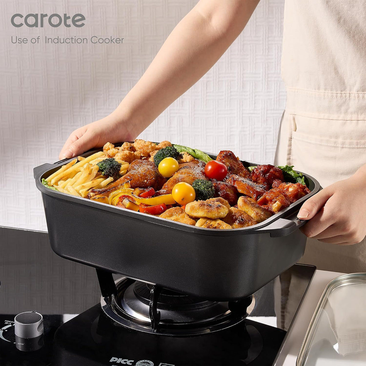 CAROTE 15.9 Inch Roasting Pan with Lid, Rectangular Nonstick Roaster Pan for Ovens, Large Pot Roast Roasting Pan with Lid, Induction & Gas Stove Compatible, PFOA Free