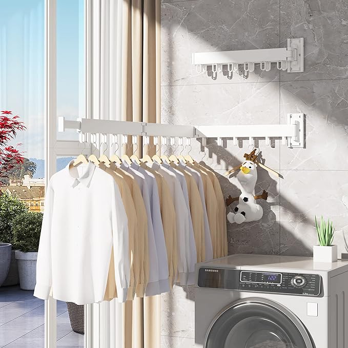 Clothes Drying Rack,Laundry Drying Rack,Wall Mounted Clothes Rack,Laundry Rack Wall Mount,Folding Retractable Collapsible Drying Rack Clothing (Three-Poles,Loop Hooks,White)