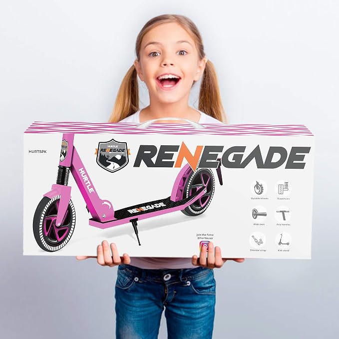 Hurtle Renegade Kick Scooter for Kids, Teenagers & Adults - 2-Wheel Folding Scooter with Adjustable T-Bar Handlebar - Alloy Anti-Slip Deck