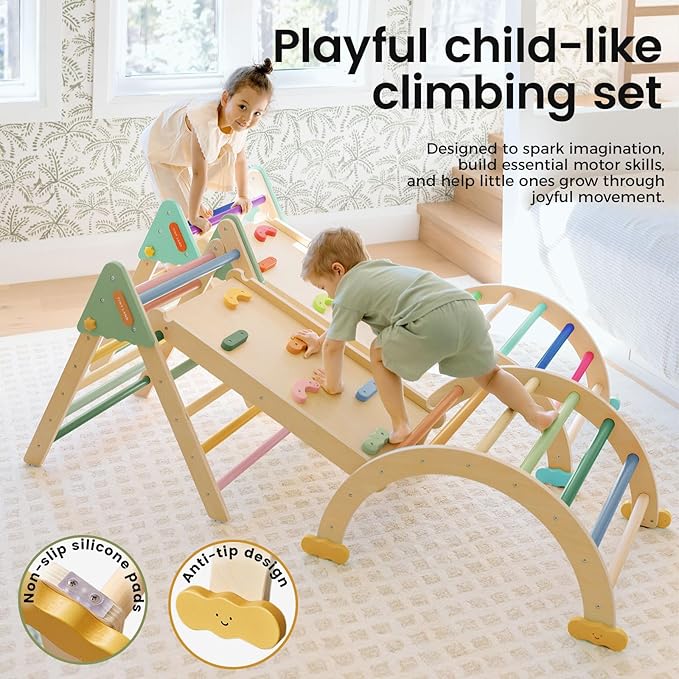 Tiny Land Pikler Triangle Set,7-in-1 Foldable Montessori Toddler Climbing Toys Indoor, Wooden Playground Jungle Gym for Kids, Climber Gift for Boys & Girls Toddler Climbing Toys (Morandi)