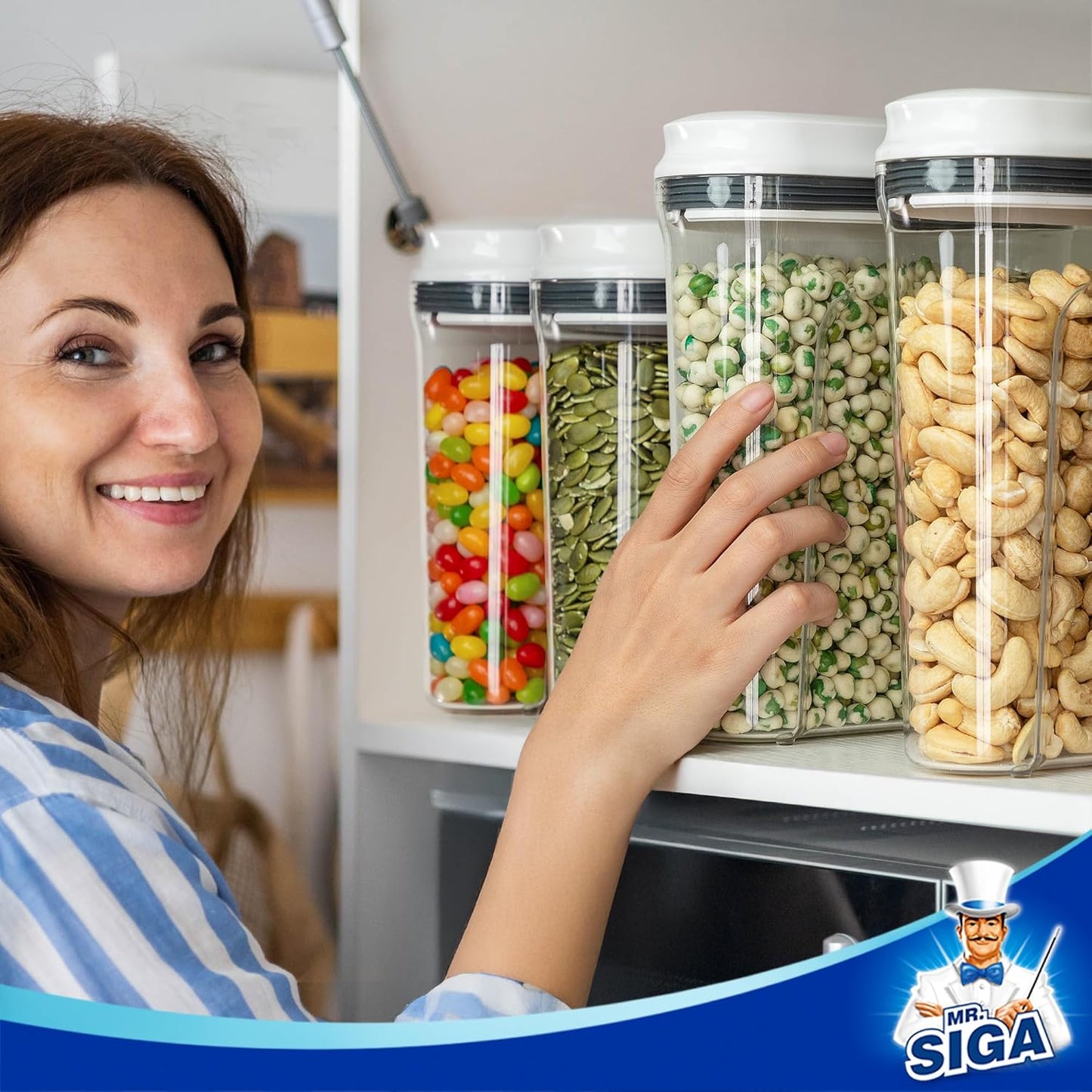MR.SIGA Airtight Cereal Dispenser Set, Storage Containers for Dry Goods, Nuts, Beans, Snacks, BPA Free, 1.6 L / 1.69 Qt, Medium, Clear, 2 Pack
