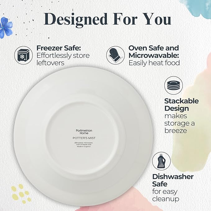 Portmeirion Potter’s Mist Oatmeal Bowls (Set of 4) - Versatile Earthenware Bowls for Kitchen, Soups, Cereal & Desserts - Dishwasher & Microwave Safe - Made in UK Dinnerware Collection (Blue Mist)