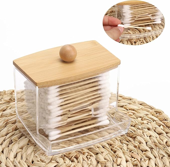 Tbestmax 10oz Qtip Holder Dispenser with Bamboo Lids, Big Clear Bathroom Organizer Accessories Decor for Storage-Qtips Cotton Ball Holder Apothecary Jars, Cotton Swabs, Floss Container