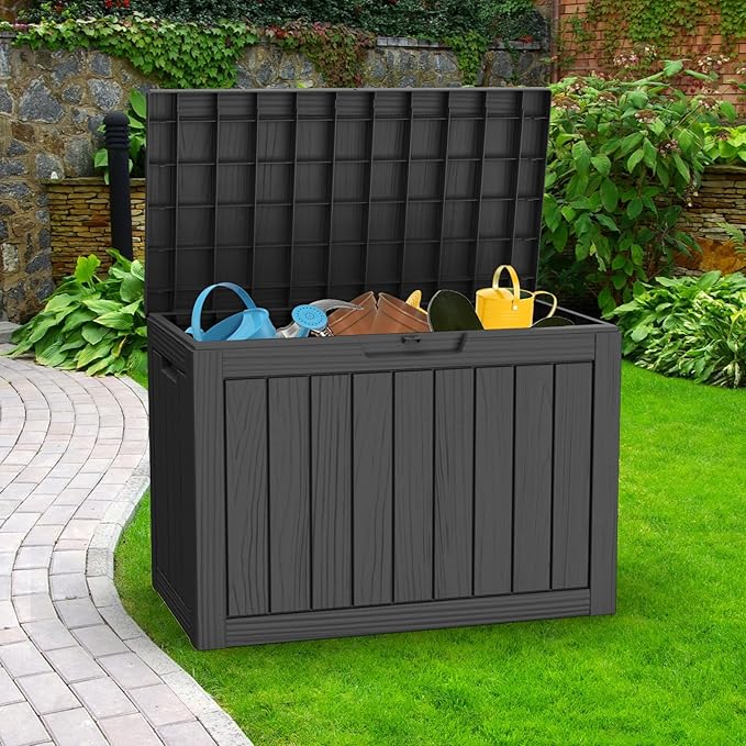 ROJIK Outdoor Storage Housing Deck Box - Waterproof Patio Furniture, Garden Tools, Cushions, Pool Accessories Storage Bench with Lockable Lid and Side Handles (Black, 45 Gal)