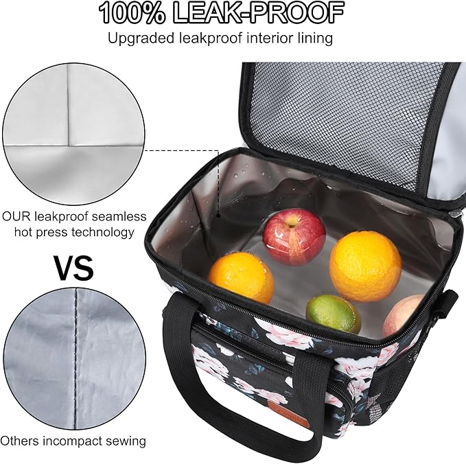 Femuar Lunch Bags for Women/Men, Insulated Lunch Bag for Work Office - Lunch Cooler Bag Leakproof Lunch Box with Adjustable Shoulder Strap - Pink flower