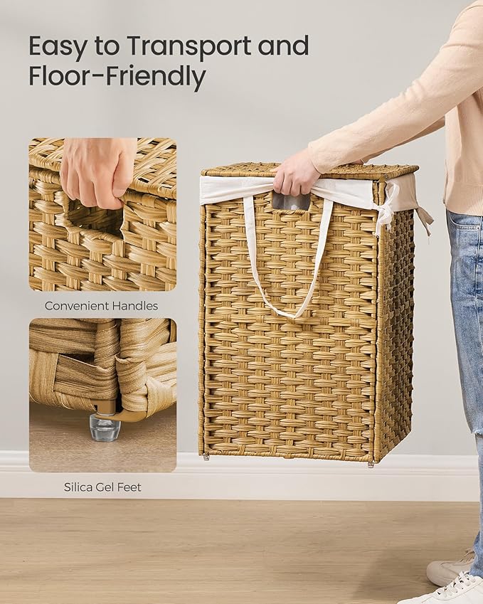SONGMICS Laundry Hamper with Lid, 42.3 Gallon (160 L) Synthetic Rattan Clothes Laundry Basket with Lid and Handles, Foldable, Removable Liner, Goose Yellow ULCB216Y01
