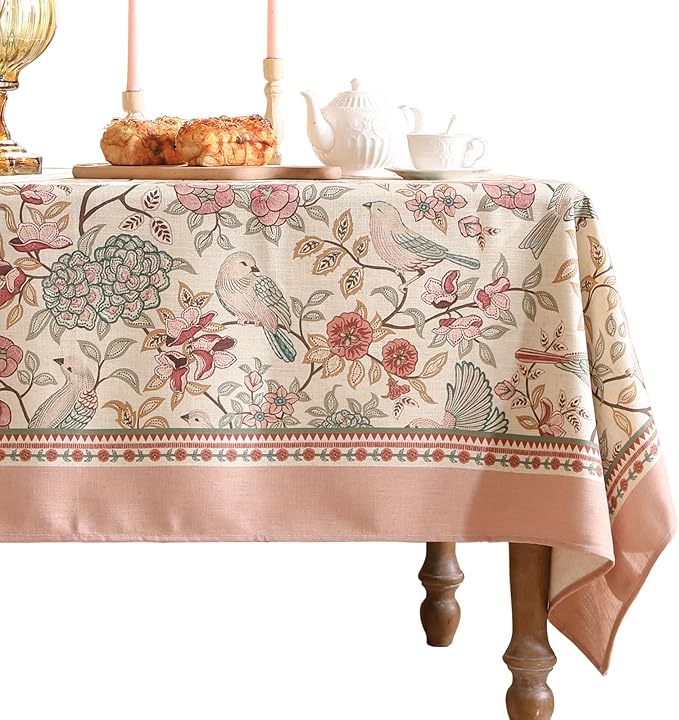 patdrea Designer Pink Linen Table Cloth for Rectangle Table,Vintage Floral with Birds Pattern Decorative Tablcloth,French Table Cover for Kitchen Dining,Thanksgiving,Christmas,63"x87"-Kulom a