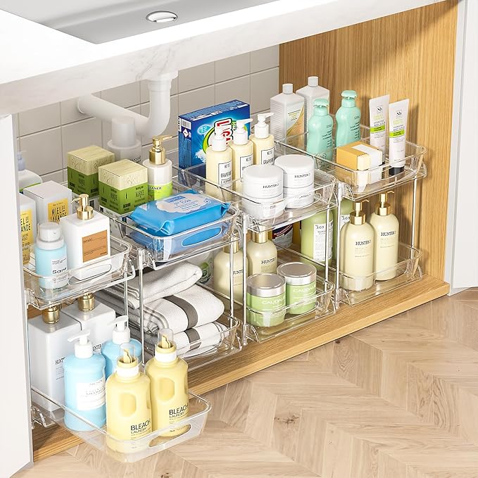 Under Sink Organizer, Bathroom Organizers and Storage, 2 Tier Multi-Use Pull Out Cabinet Organizer with Hang Hooks and Cups (transparent, 4 Pack)