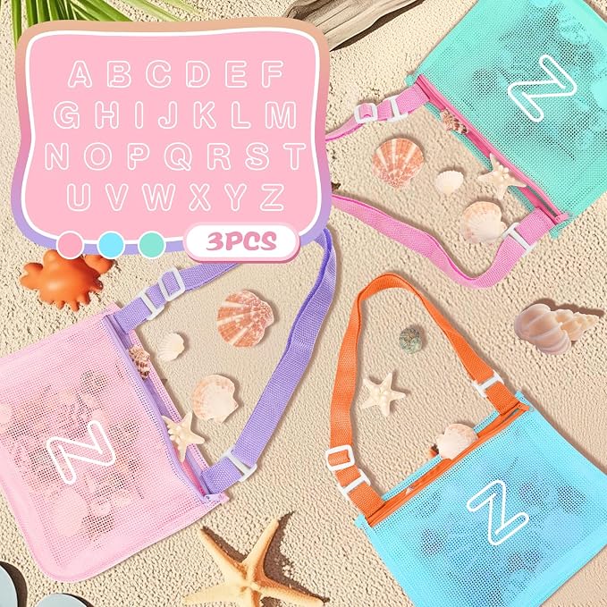 3Pcs Personalized Kids Beach Shell Bag, Initial Seashell Mesh Zipper Beach Pouch, Shell Collecting Bag for Holding Shells with Adjustable Straps, Sand Toys Swim Pouch Gift for Girl Boy Teens(Letter Z)