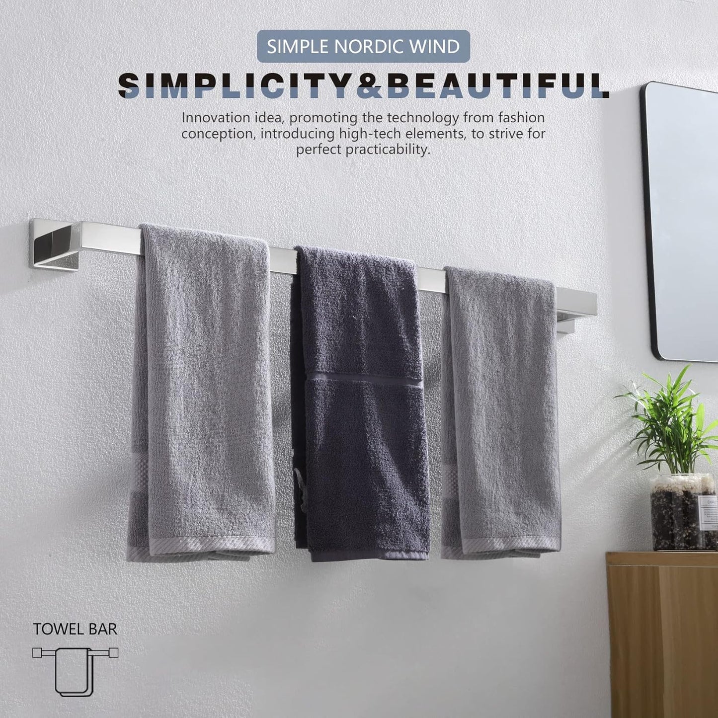 KOKOSIRI 32-Inch Single Towel Bar, Bathroom Kitchen Towel Holder, Wall Mounted SUS304 Stainless Steel Towel Rack, Polished Chrome, B4003CH-L32