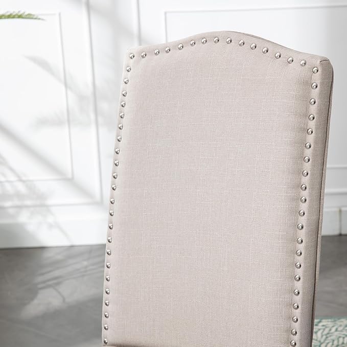 Upholstered Dining Chair Modern Stylish Parsons Kitchen Diner High Back with Silver Nailhead Trim & Wood Legs, Set of 2, Fabric Beige