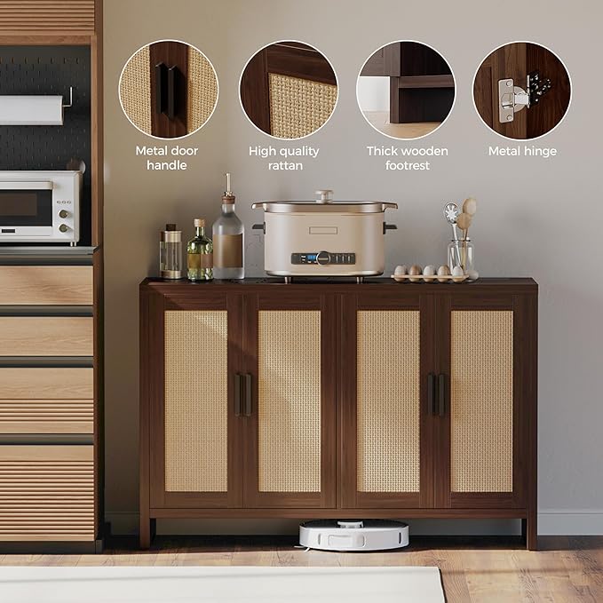 Rattan Buffet Cabinet with Storage, Sideboard Cabinet with Doors and Adjustable Shelves, Farmhouse Coffee Bar Station Table, Modern Wood Cupboard for Kitchen, Livingroom, Walnut