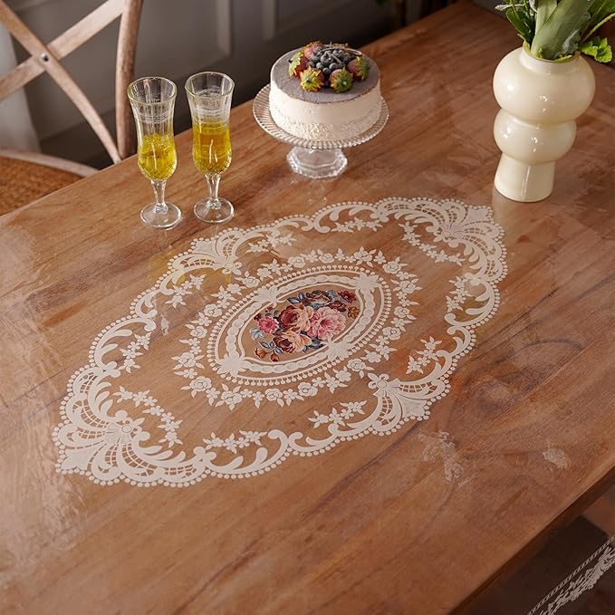 Clear Table Cover Protector Rectangle Vinyl Table Cloth Waterproof Oil Spill Proof Wipe Clean Lace Plastic Tablecloths for Dining Tables (French Lace, 60 x 104 Inches)