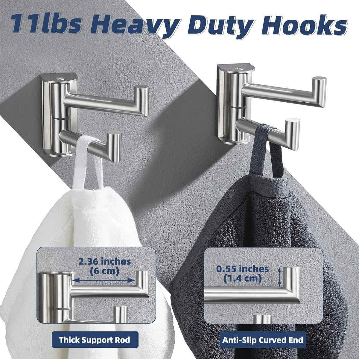 APLusee 2 Pack Swivel Coat Hooks Brushed Nickel, 304 Stainless Steel Foldable Bathroom Towel Hooks with 2 Rotating Arms, Wall Mounted