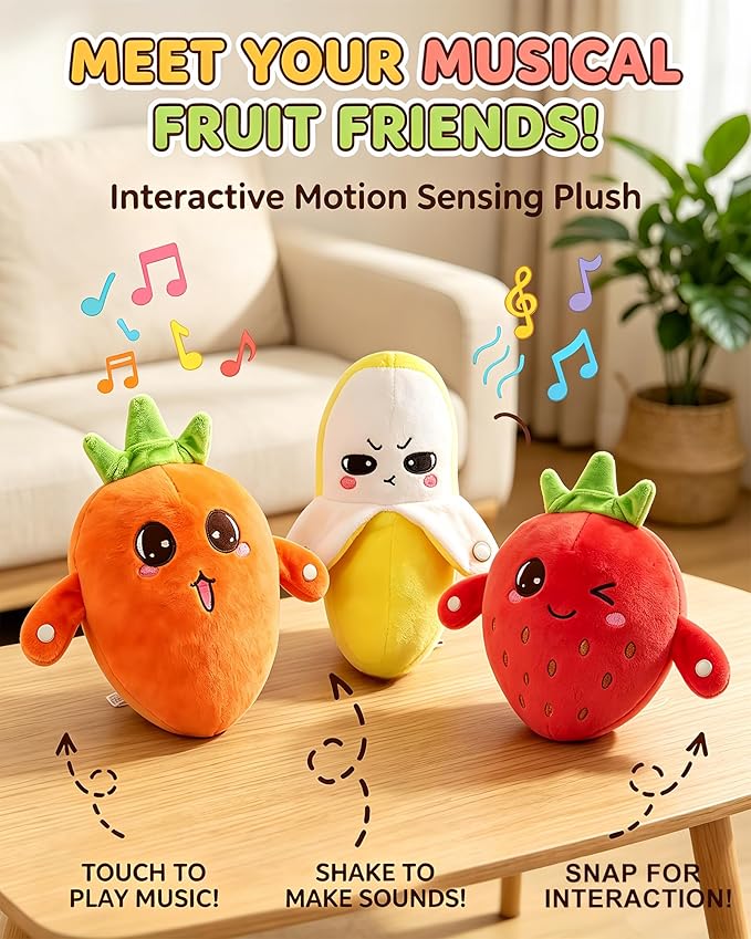 Soft Plush Musical Sensory Toy, Interactive Plush Toy with Sounds, Skin Touch Activated Sound Doll, Dual Mode Educational Toy, Fruit Style Gift for Baby Kids Boys Girls All Ages(Orange Carrots)