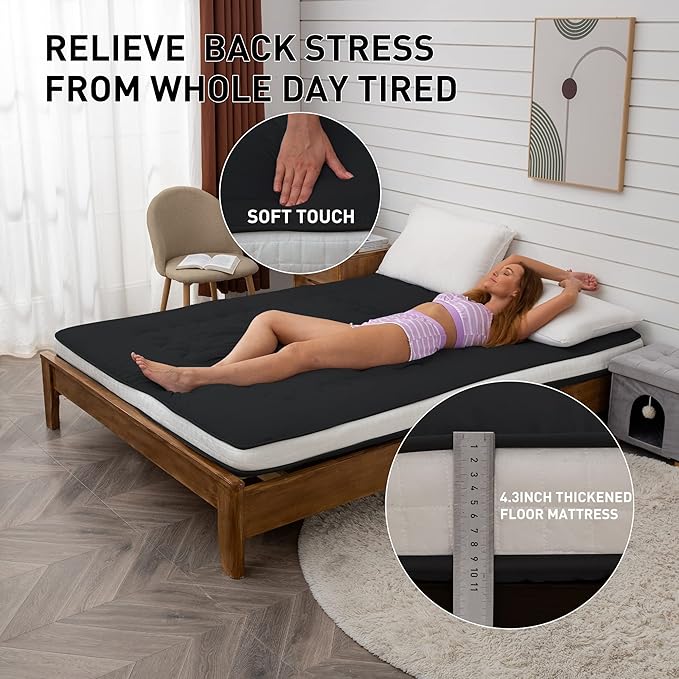 Dr.Futon Japanese Floor Futon Mattress Extra Thick Folding Roll Up Bed Topper Mat for Guest,Lounger and Tavel