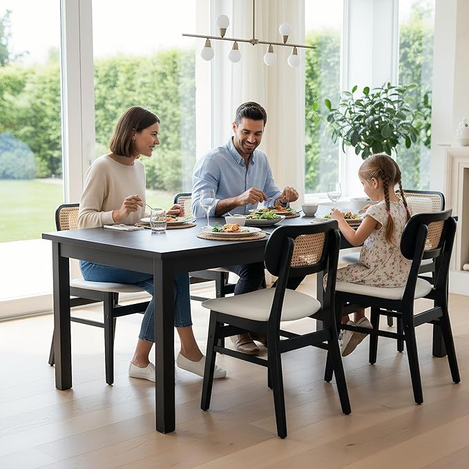Black Rattan Dining Chairs Set of 4 Lambswool Dining Room Chairs Natural Wooden Kitchen Chairs Farmhouse Boho