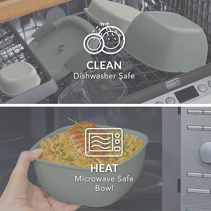 Bentgo Salad Container - 54 oz Bowl with 4-Compartment Toppings Tray, Leak-Proof Dressing Container, Reusable Fork, BPA-Free Lunch Box for Meal Prep & Food Storage; Removable Bento Tray (Khaki Green)
