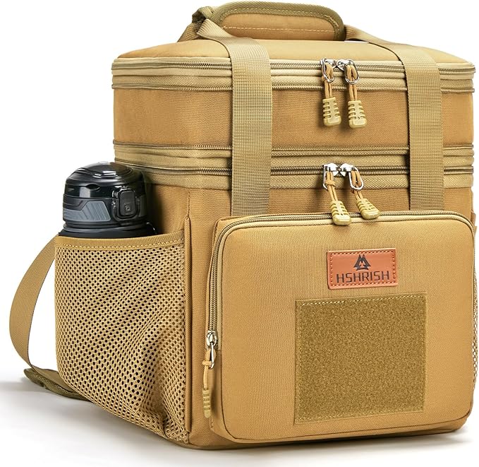 HSHRISH Expandable Large Tactical Lunch Box for Adults, Double Deck Durable Insulated Lunch Bag, Leakproof Cooler Bag Lunch Pail for Men Work Outdoor Picnic Trips, 24Cans/15L(Brown)