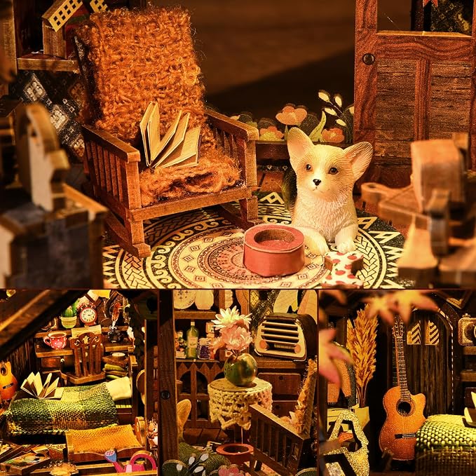TOYQI Book Nook Kit, Book Nook Kits for Adults | DIY Miniature Dollhouse Kit 3D Wooden Puzzle Booknook Bookend with LED Light