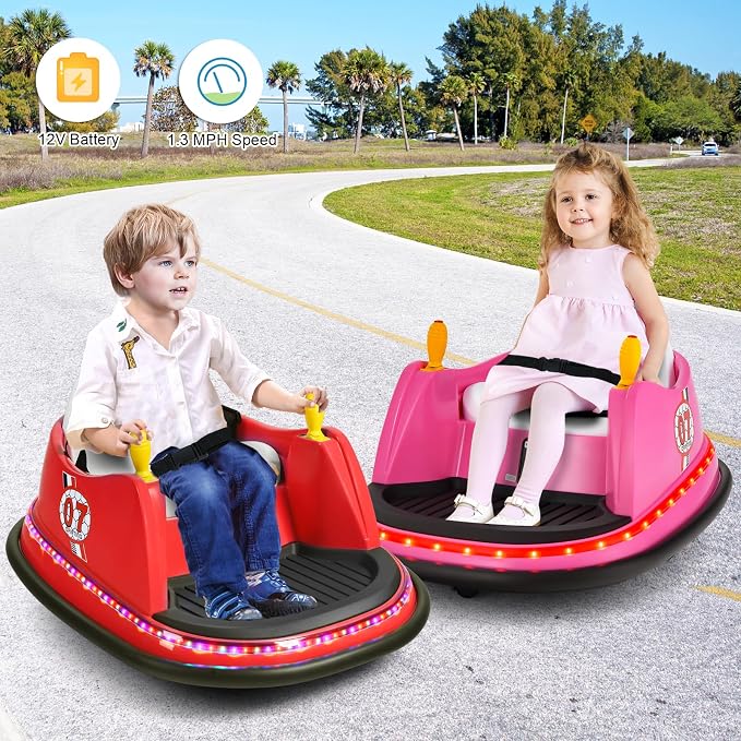 Costzon Bumper Car for Kids, 12V Electric Toddler Bumping Car with Remote Control, Dual Joysticks, 360 Spin, Music, Flashing Lights, Slow Star, Kids Bumper Car Ride on Toy for Boys Girls Gift (Pink)