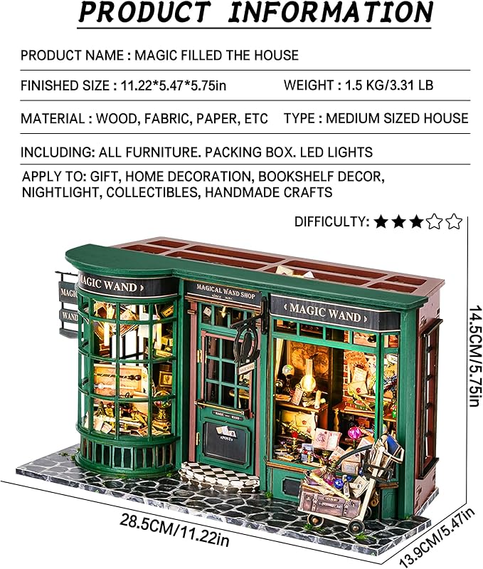 Roroom DIY Miniature House Kit, Magic Full House Book Nook Kit with LED Light, 3D Wooden Puzzle Miniature Dollhouse Kit for Bookshelf Decor-Creative Gift for Family and Friends