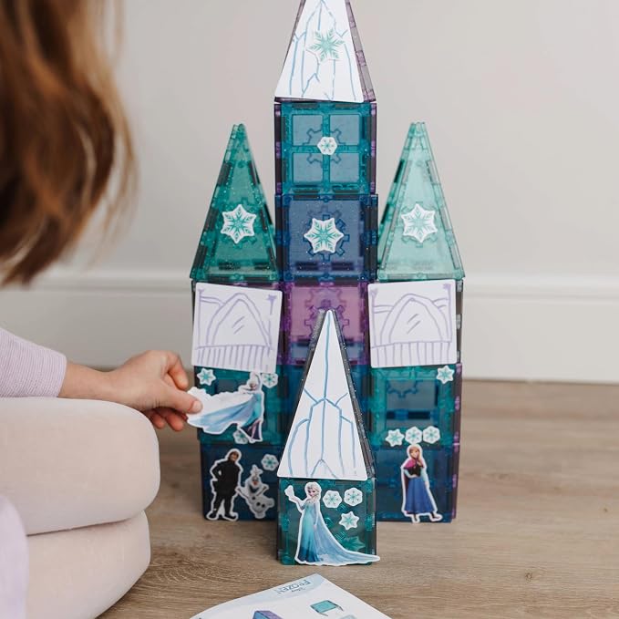 Tytan Toys Disney Frozen Magnetic Tiles Princess Castle - 68-Piece STEAM Building Set with Glitter Tiles & Elsa, Anna, Olaf Stickers - Educational Frozen Toys for Girls Age 3-4+