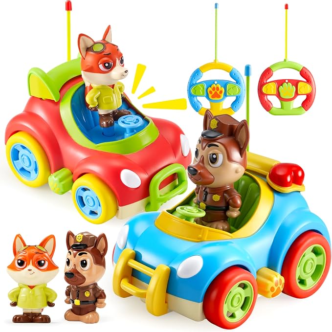 lalalark JOVA 2 Pack Remote Control Car for Toddlers, RC Cars with Cartoon Figure, Kids Toy Bumper Cars with LED Lights and Sounds, Light Up Car with Music, Christmas Birthday Gift for Boys Girls