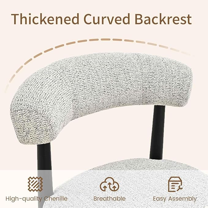 VKNOW Wooden Dining Chairs Set of 4, Modern Upholstered Dining Room Chairs with Black Rubberwood Legs and Curved Backrest, Fabric Kitchen Chairs for Dining Room, Heathered Off-White(Black Legs)