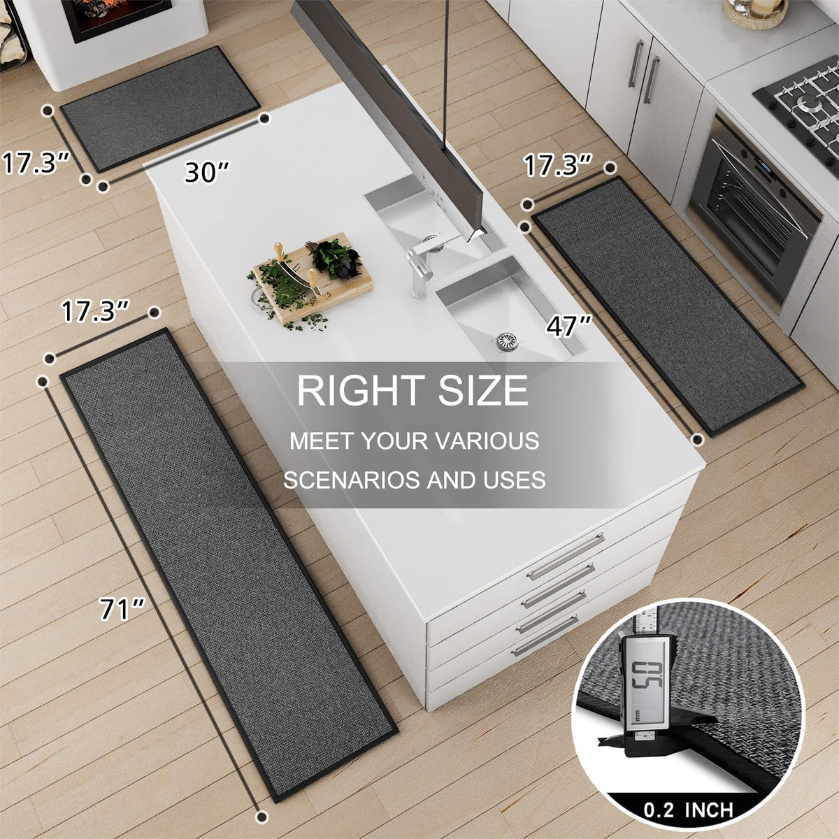 Kitchen Mat Set of 2 PCS, Cushioned Non Slip Rugs for Kitchen Floor, Absorbent Runner Comfort Standing Mats Washable for Kitchen, Office, Home, 17.3"x47"+17.3"x30" (Black)