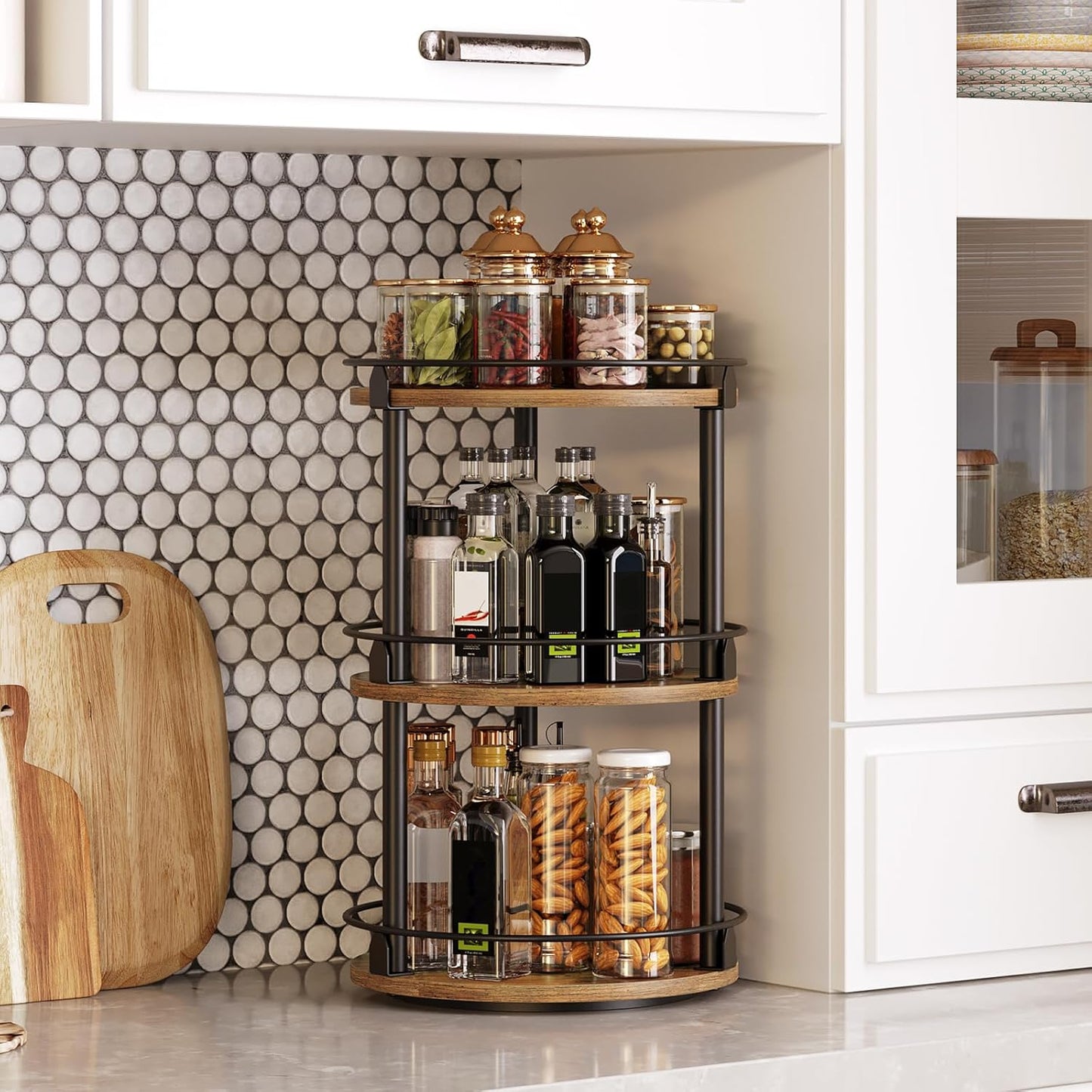 3-Tier Lazy Susan Organizer, Rotating Spice Rack, Spinning Organizer, Industrial Turntable Spice Rack Organizer for Cabinet, Kitchen Countertop, Pantry, Rustic Brown and Black SR23BR