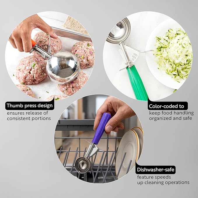 Restaurantware Met Lux 8 Ounce Portion Scoop 1 Durable Disher Scoop - Thumb Trigger Orange Stainless Steel Ice cream Disher For Portion Control For Ice Cream Mashed Potato And Cookie Batter