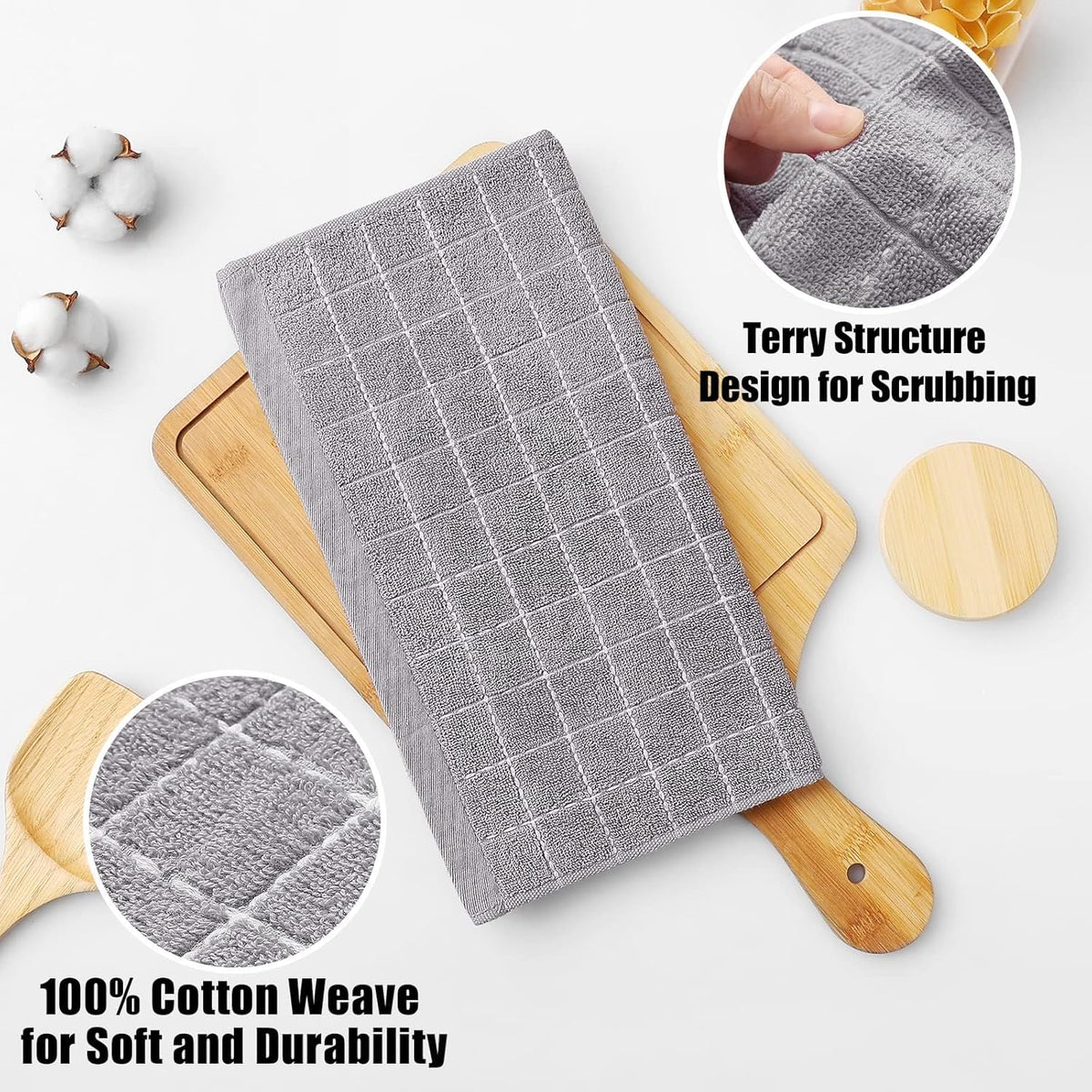 Homaxy 100% Cotton Terry Kitchen Dish Cloths, Ultra Soft and Absorbent Dish Towels for Kitchen, Suitable for Drying and Washing Dishes, 12 Pack, 12 x 12 Inches, Light Grey