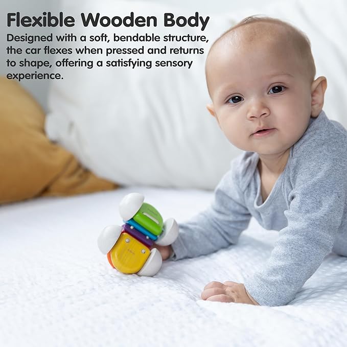 PlanToys® Wooden Baby Push Toy Car | Colorful Montessori Toy for Infants | Wooden Baby Toy with Flexible Body | Sensory & Motor Skill Development Toy for 6+ Months